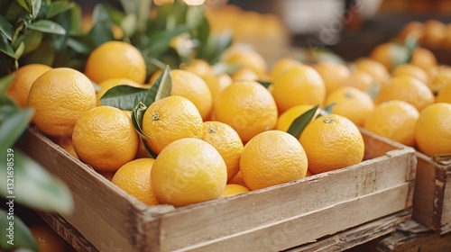 Fresh and Juicy Oranges in Wooden Crates at a Market Stall Surrounded by Lush Green Leaves
