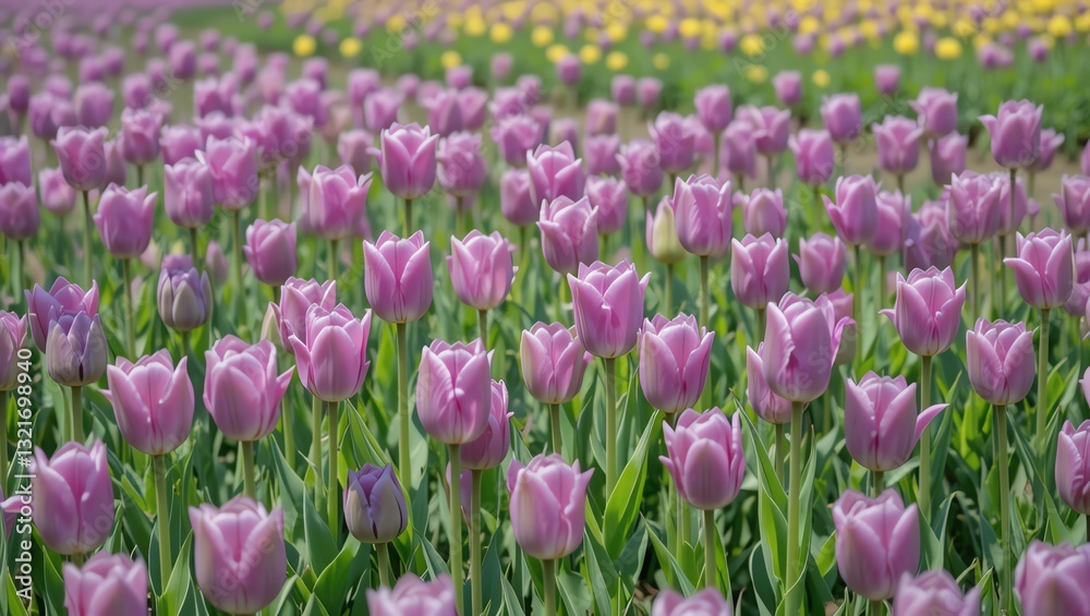 A vibrant field of purple tulips swaying gently in the breeze, showcasing nature's beauty in full bloom. A vibrant field of purple tulips swaying gently in the breeze, showcasing nature's beauty in full bloom.