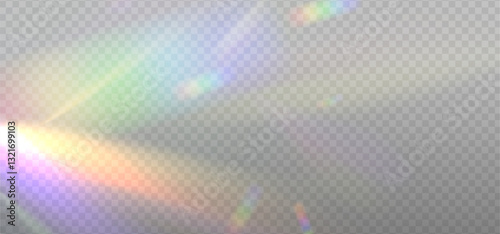 Iridescent crystal leak glare reflection effect. Optical rainbow ray lights, glare, leak, streak overlay. Vector colorful lenses and light flares with transparent effects on light background.