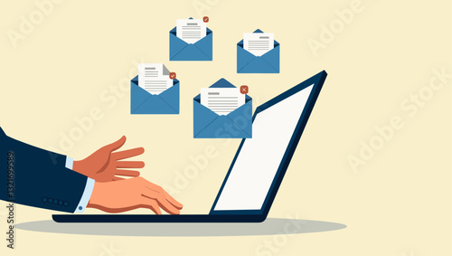 Multiple Hands Reaching Out From Laptop Screen Holding Email Icons