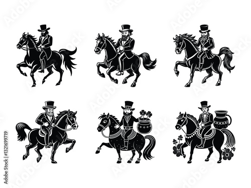Vintage illustrations of gentlemen riding horses silhouette isolated on white background