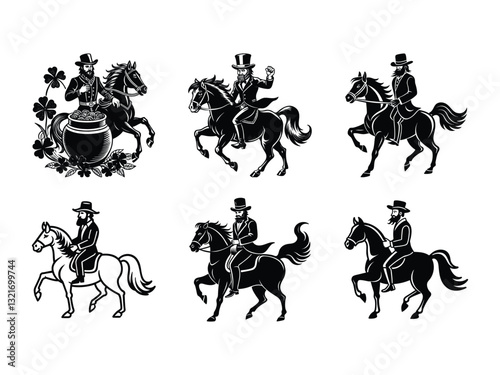 Vintage illustrations of horseback riders in elegant attire silhouette isolated on white background