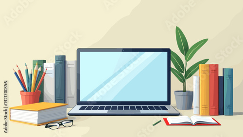 Remote learning setup with laptop, books and notepad for online student
