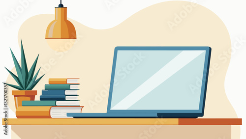 Remote learning setup with laptop, books and notepad for online student