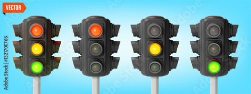 3d Traffic Light Sequence Red, Yellow and Green Lights Cartoon Design Style Symbol of Rules. Vector illustration