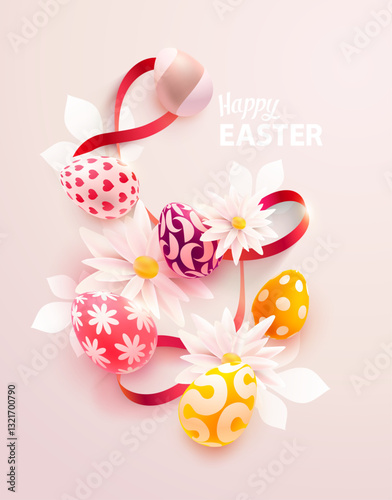 Happy Easter greeting card design.  Color eggs  with red ribbon  and spring flower. Top view.