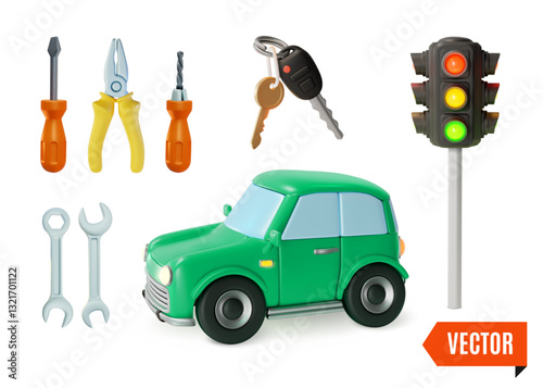 3d Road Rules or Repair Concept Traffic Light, Keys, Car and Tools Cartoon Design Style. Vector illustration