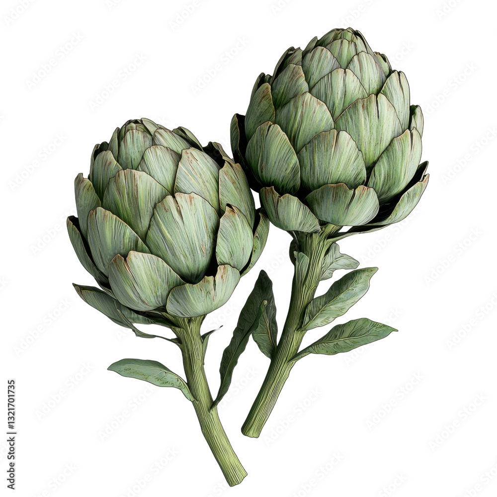Obraz premium Fresh Artichokes with Green Leaves Freshly Harvested on White Background