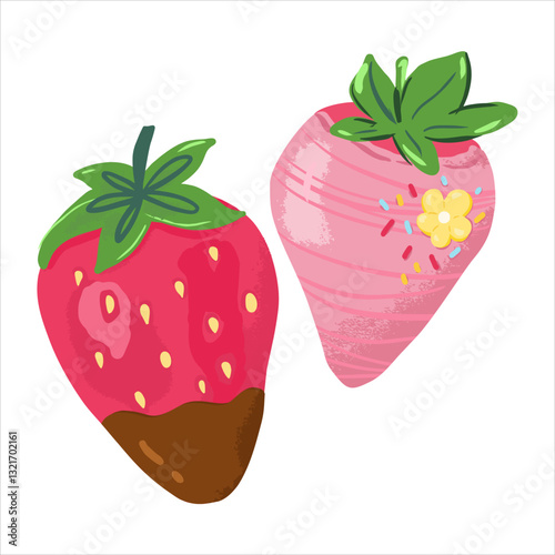 Cartoon pink and brown chocolate covered strawberries. Strawberry sweet dessert. Hand drawn flat vector illustration isolated on a white background.