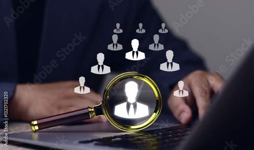 HR Human Resources Concept, Human Resources and Recruiting, Magnifying Glass Focused on Professional Icon, Human Resources Symbol, Recruiting