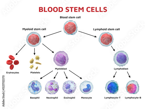 Cell stem. Blood body type. Myeloid lymphoblast and lymphocyte for anatomy microscope infographic with different functions. Microbiology and medicine diagram. Vectors educational poster