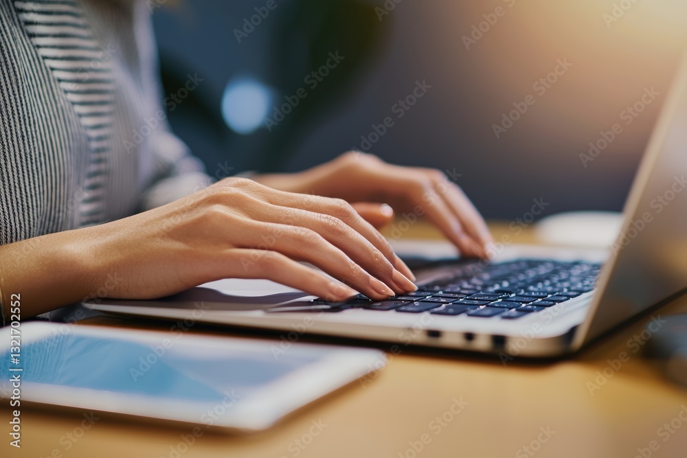 Woman working from home typing on laptop keyboard Woman working from home typing on laptop keyboard