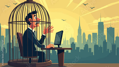 Sad Businessman Trapped in Birdcage Working at Desk with Cityscape Background