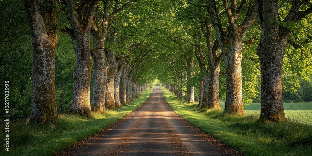 Naklejka premium Sunlit Pathway Through Majestic Trees