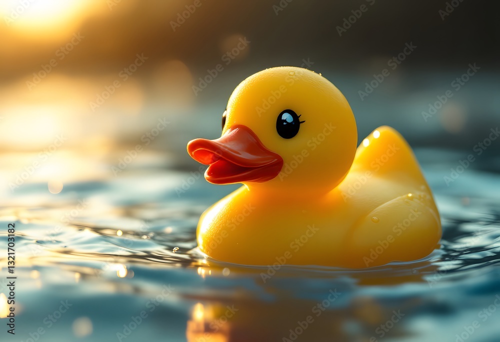Playful Yellow Rubber Duck Floating on Water at Sunset Playful Yellow Rubber Duck Floating on Water at Sunset