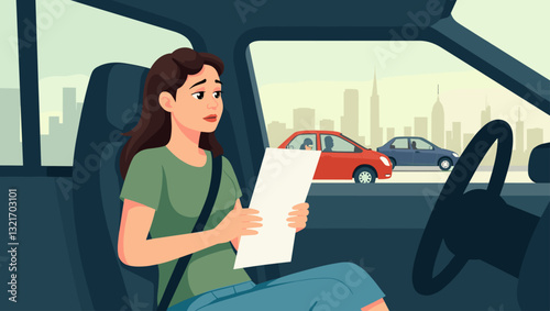 Stressed Woman Driver with Papers Sitting Inside Her Car in Traffic Jam