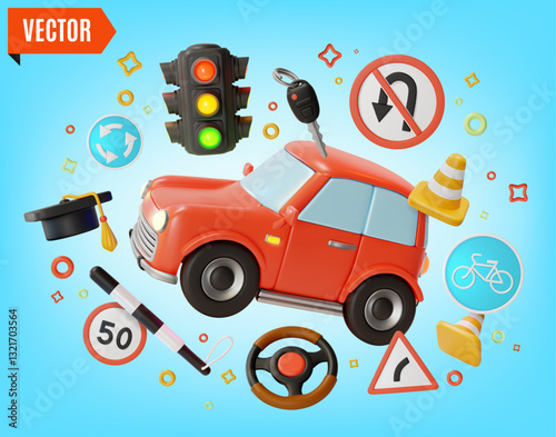 3d Driving Courses Traffic Rules Concept Background Cartoon Design Style. Vector illustration of Practice and Education