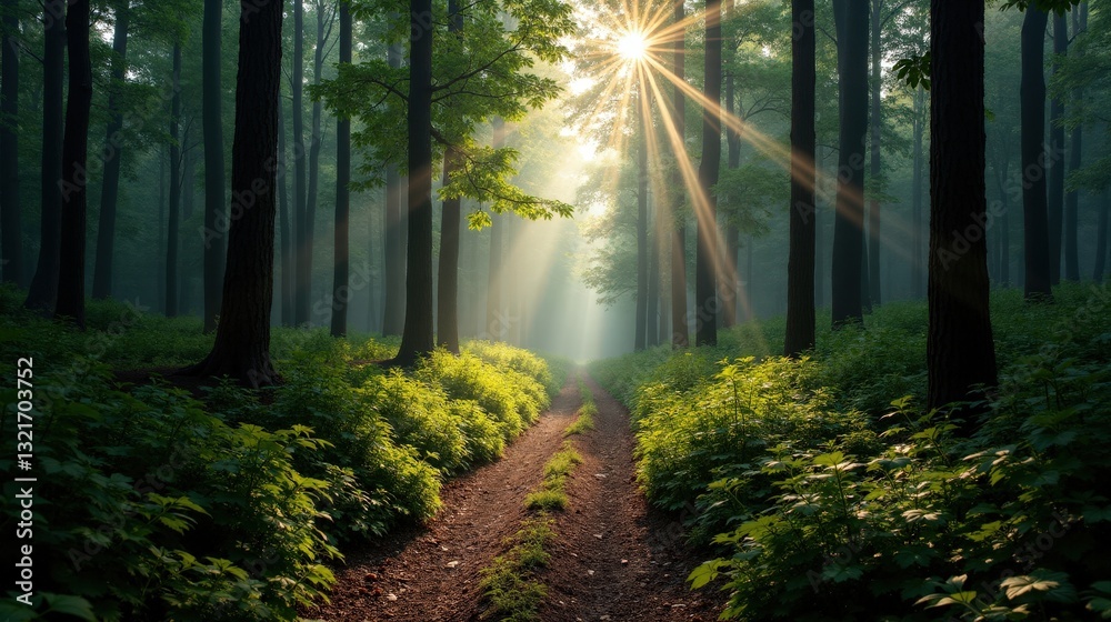 Obraz premium Calm woods embracing silent hush, towering trees casting elongated shadows over a secluded forest floor. The stillness deepens the sense of mystery and solitude.