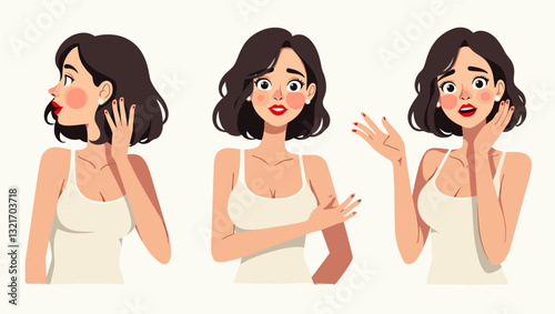 Woman expressing range of emotions through facial expressions and body language