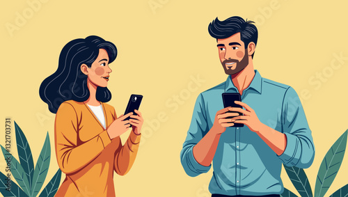 Woman trying to get the attention of a man engrossed in his smartphone, highlighting modern social dynamics