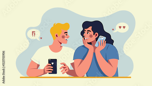 Young Couple Chatting and Flirting via Mobile Dating App on Smartphones