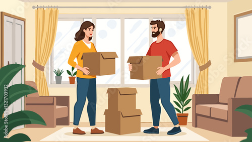 Young couple unpacking boxes in their new apartment living room, starting a new chapter together