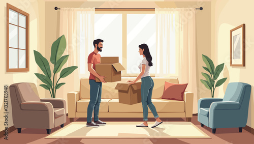 Young couple unpacking boxes in their new apartment living room, starting a new chapter together