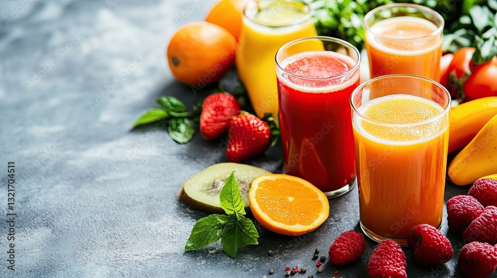 Delicious juice and fresh ingredients on a gray table. Space for text. Delicious juice and fresh ingredients on a gray table. Space for text.