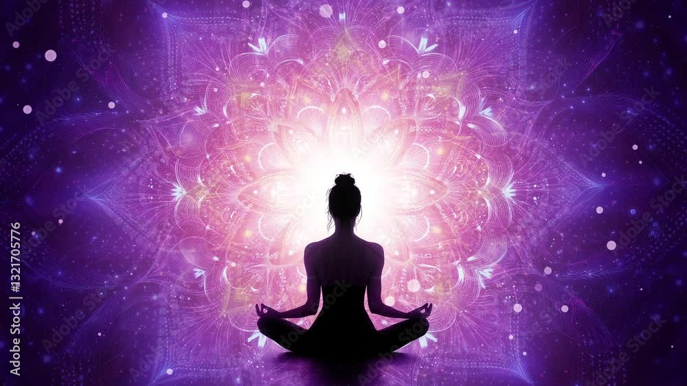 Lotus Posiotion of Meditating Woman Against a Rotating Mandala Background – Inner Peace, Enlightenment, and Cosmic Energy