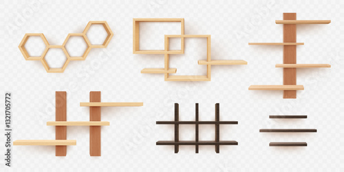 Wood shelf. 3D furniture. Rack different shapes. Shelves hanging on wall. Book stand. Wooden shelving. Realistic bookshelf. Hexagon and square frame. Vector isolated interior objects set