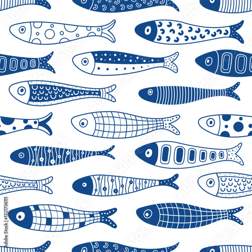 Cute blue sardine. Kids background. Sardines, salmon, tuna, tilapia. Vector set. Kids illustration.