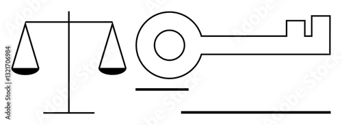 Balance scale paired with a key symbolizing justice, equality, and security. Ideal for law, fairness, ethics, security, decision-making, empowerment responsibility flat simple metaphor