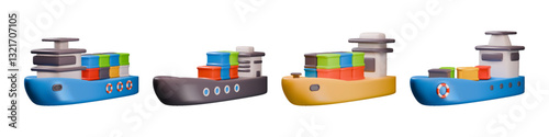 3D ship. Sea cargo. Logistic transport. Freight delivery vessel. International import. Ocean shipment warehouse. Commercial export. Box containers transportation. Vector marine boats set
