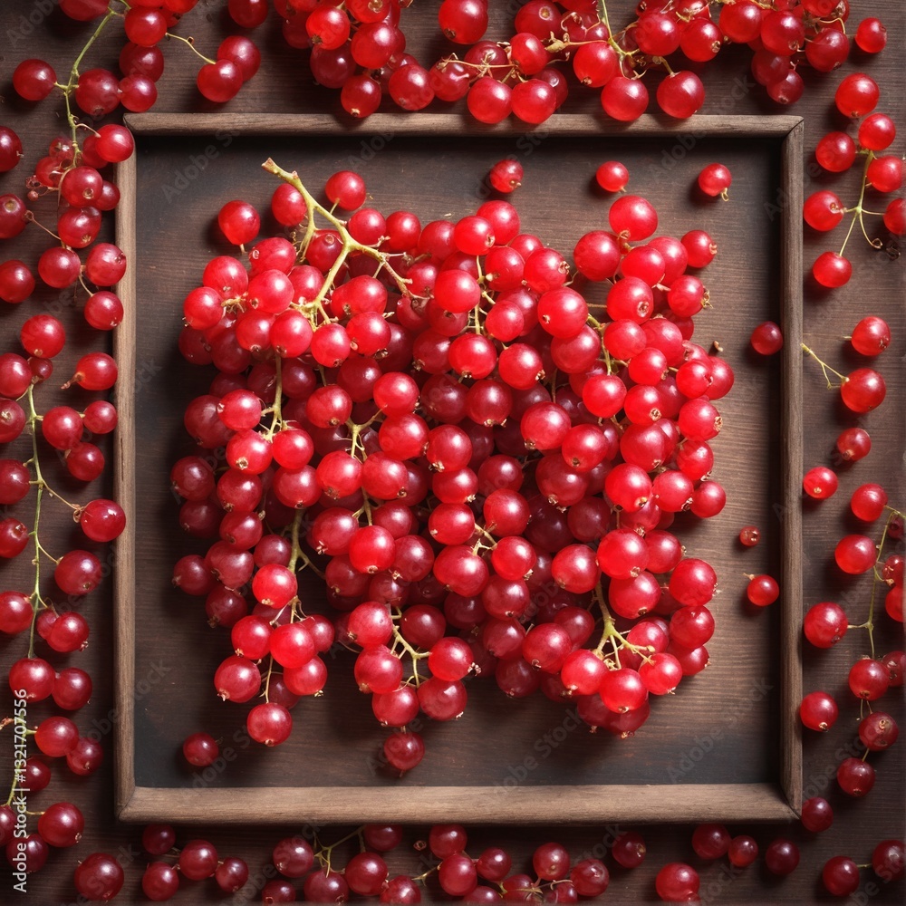 Fresh red currant on wooden table background. Top view