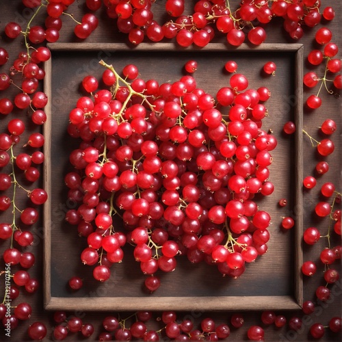 Fresh red currant on wooden table background. Top view