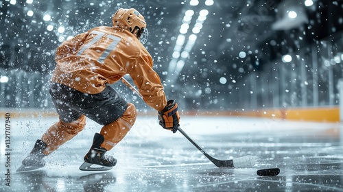 Young male hockey player, on the ice in uniform, close-up. Professional sports concept.