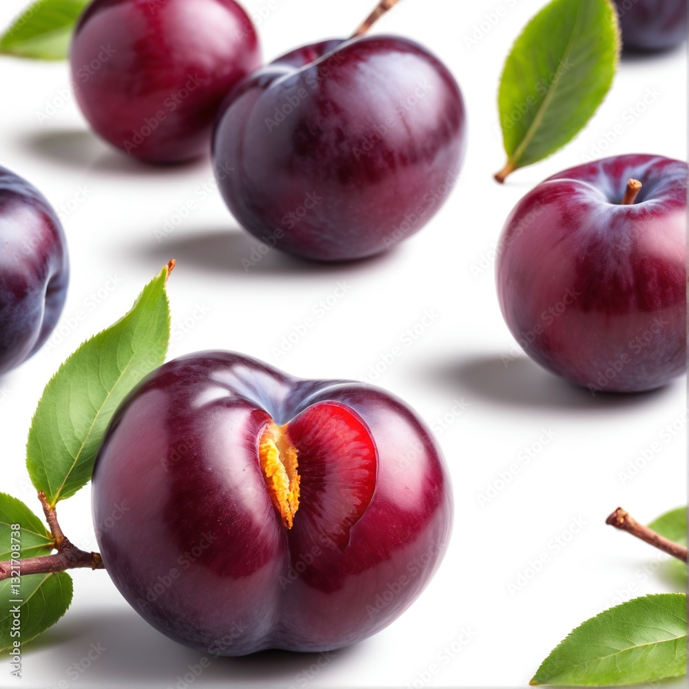 Fresh purple plum fruits on white background.