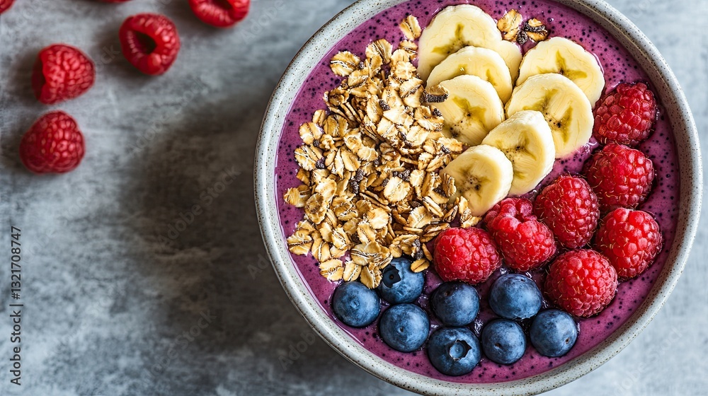 Summer acai smoothie bowls with raspberry, banana, blueberry and granola on grey concrete background. bowl with fruits and cereals, close-up, top view, space for text. Summer acai smoothie bowls with raspberry, banana, blueberry and granola on grey concrete background. bowl with fruits and cereals, close-up, top view, space for text.