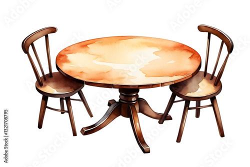 Watercolor Painting of Round Wooden Table with Two Chairs Illustration