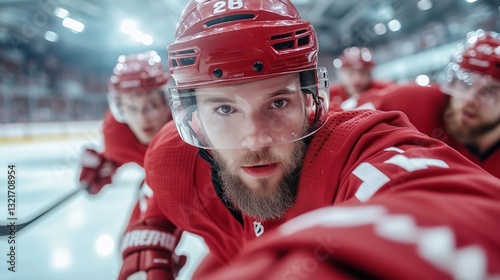 Young male hockey player, on the ice in uniform, close-up. Professional sports concept. photo
