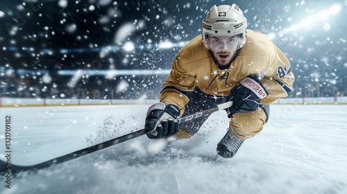 Young male hockey player, on the ice in uniform, close-up. Professional sports concept. photo