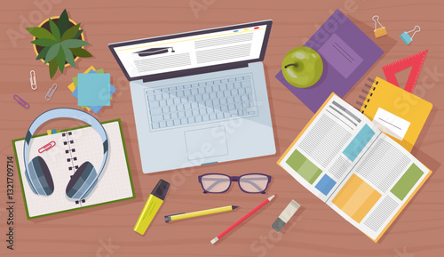 Desk top view. Office desktop. Student e-learning. Flat lay laptop for online education training in university class. Notepads and textbook. Computer keyboard. Vector workplace above