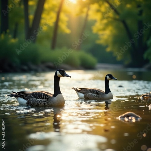 Canada geese paddling in a flowing river, sunlight reflecting on water , animal photography, waterfowl photography