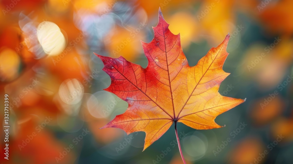 Vibrant autumn leaf, bokeh background, fall colors, nature scene Vibrant autumn leaf, bokeh background, fall colors, nature scene