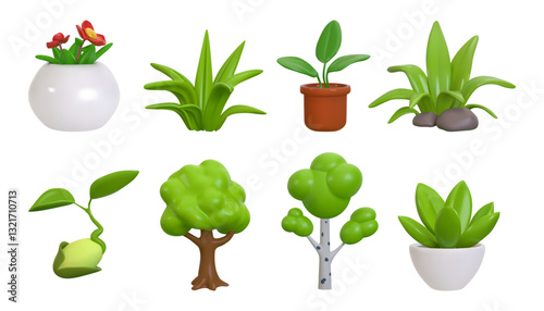Tree 3d, nature spring grass garden from park, farm or interior plants. Leaf green, sprout and summer seed, small succulent in pots, birch glossy render isolated decorative vector icons set
