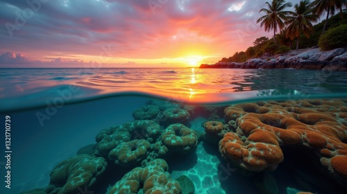 Crystalline reef shimmering beneath a sunset glow, where translucent corals refract the light in a dazzling underwater spectacle. A vivid marine landscape.