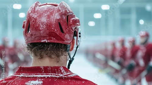 Young male hockey player, on the ice in uniform, close-up. Professional sports concept. photo