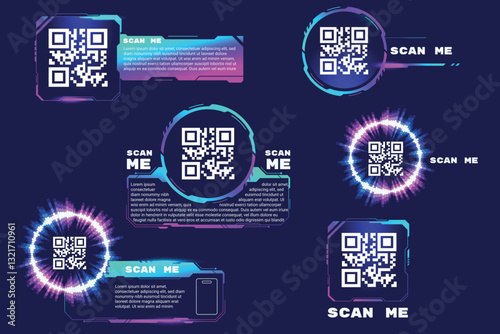 Qr code stickers. Qrcode sticker hud digital cyberpunk design, scan me codes square symbol smartphone id card barcode phone scanning screen frame for pay buy vector illustration
