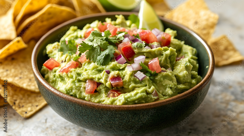 Fresh guacamole dip in a rustic bowl with tortilla chips and lime wedges. Perfect for a party or snack. Fresh guacamole dip in a rustic bowl with tortilla chips and lime wedges. Perfect for a party or snack.