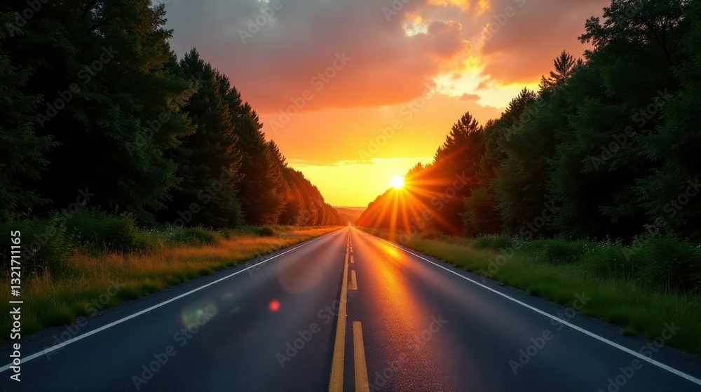 Fototapeta premium Asphalt ribbon unwinding towards a vibrant sunset, flanked by verdant woodland, a picturesque journey at day's end.
